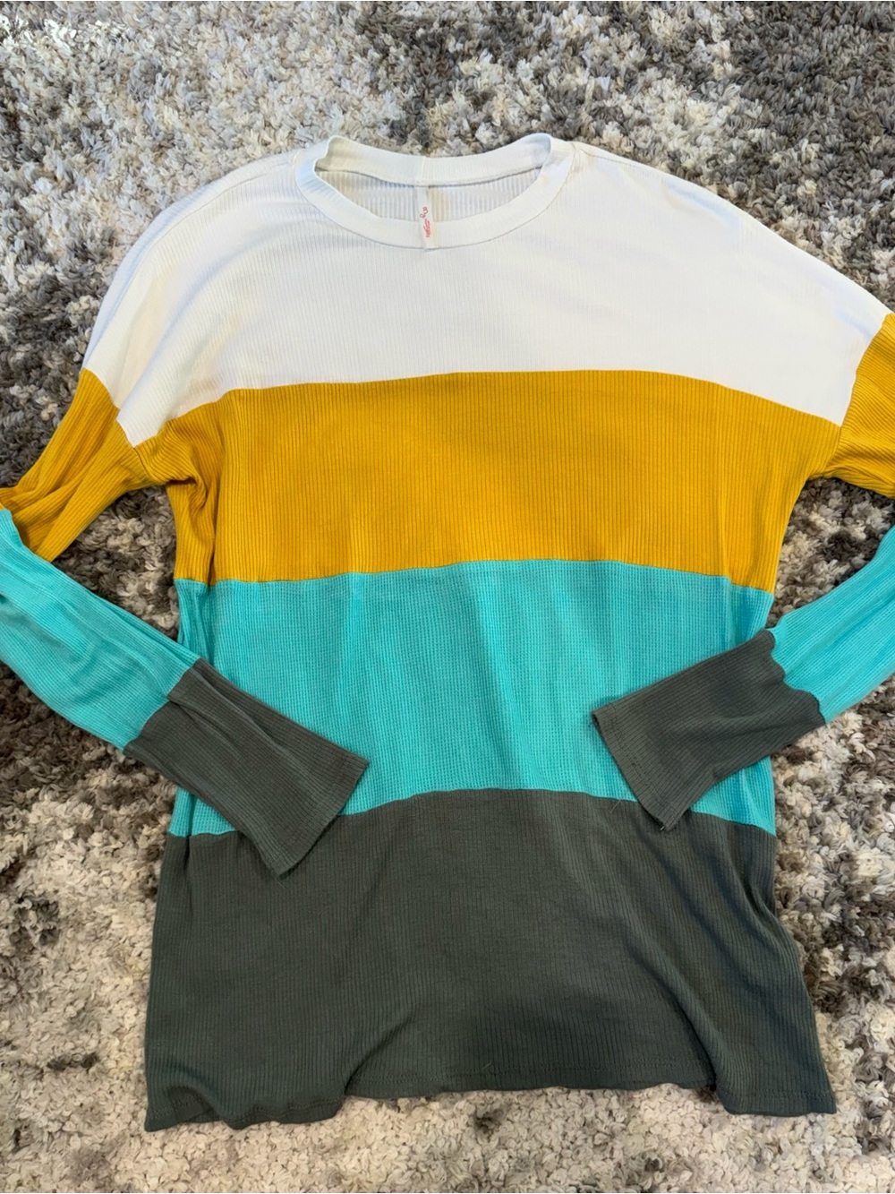 Colorblock Long Sleeve Tee in White, Mustard, Turquoise, and Dark Gray